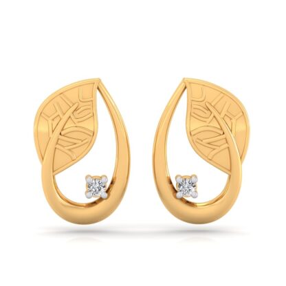 Front view of textured yellow gold leaf stud earrings with a single round diamond