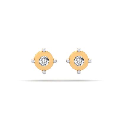 Front view of yellow gold disc stud earrings with a single round diamond