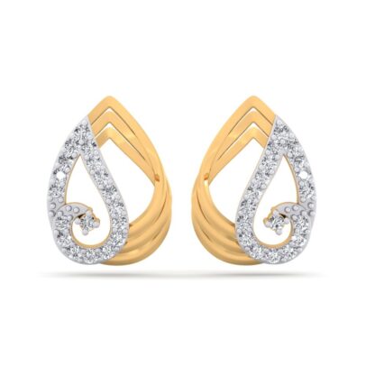 Front view of yellow gold paisley stud earrings outlined in diamonds with a spiral tail