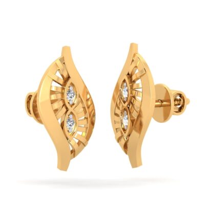 Side view of ribbed yellow gold leaf stud earrings showing the marquise cutout