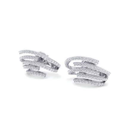 Angled view of white gold stacked diamond arc earrings showing the open shape