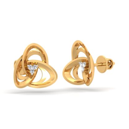 Side view of yellow gold trinity knot stud earrings showing the interlocking loops