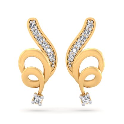 Front view of yellow gold scroll stud earrings with a graduated diamond line and drop