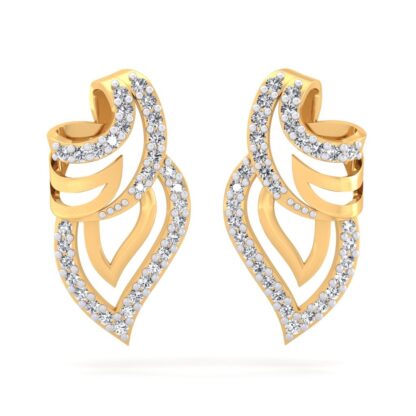 Front view of yellow gold tiered leaf stud earrings traced in round diamonds