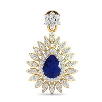 Angled view of yellow gold sapphire earrings showing the diamond petal detail