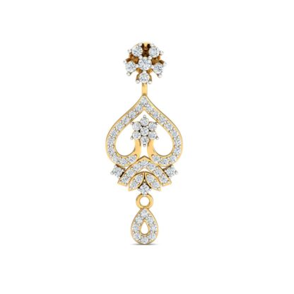 Single yellow gold diamond heart drop chandelier earring with flower stud and pear dangle