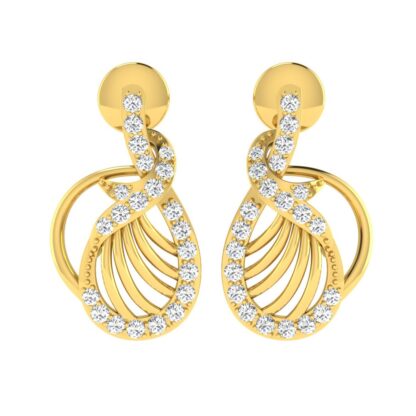 Angled view of yellow gold drop earrings showing the ribbed teardrop detail
