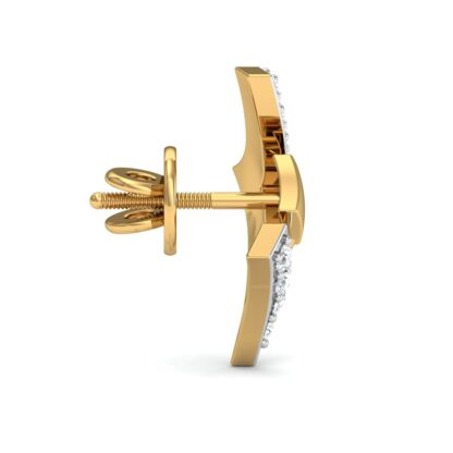Side view of yellow gold geometric diamond stud earrings showing depth