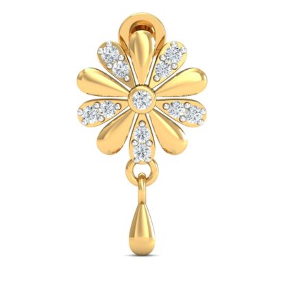 Angled view of yellow gold flower earrings showing the polished drop