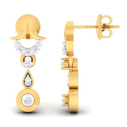 Angled view of yellow gold tiered diamond earrings showing the arch detail