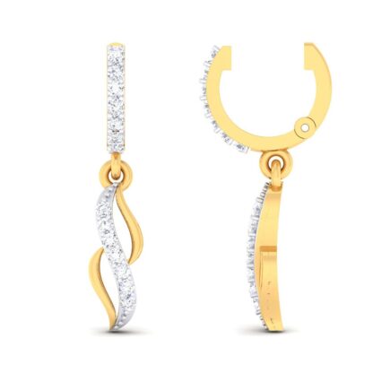 Side view of yellow gold diamond leaf drop earrings showing the hinged hoop