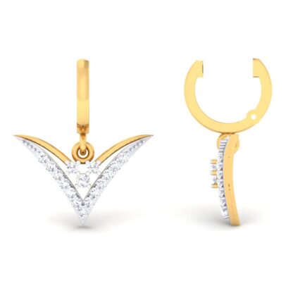 Angled view of yellow gold hoop earrings showing the chevron charm detail