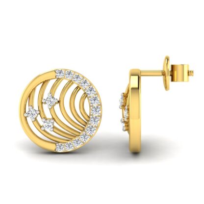Side view of yellow gold ribbed circle stud earrings showing scattered diamonds