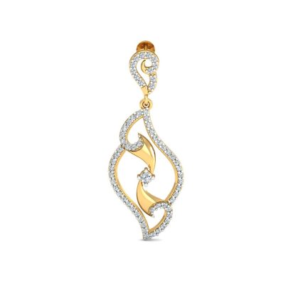 Angled view of yellow gold long drop earrings showing the swirl stud detail
