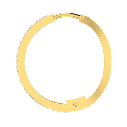 Side view of yellow gold diamond lattice hoop earrings showing depth