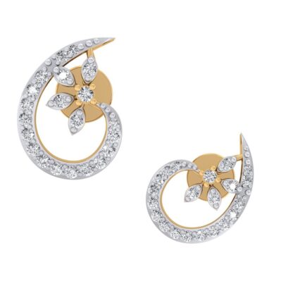 Angled view of yellow gold diamond loop earrings showing the flower detail