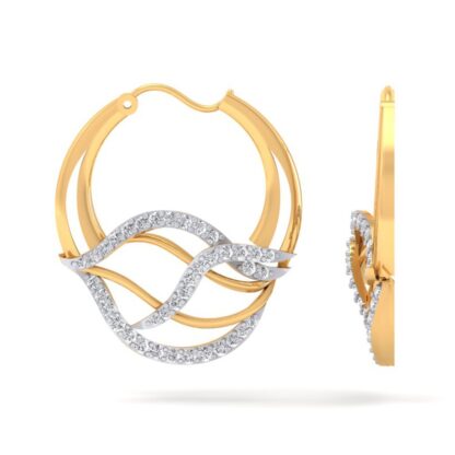 Front view of yellow gold hoop earrings with a woven diamond wave pattern