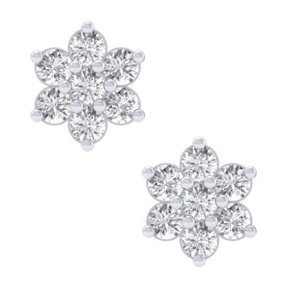 Front view of white gold illusion-set diamond cluster stud earrings