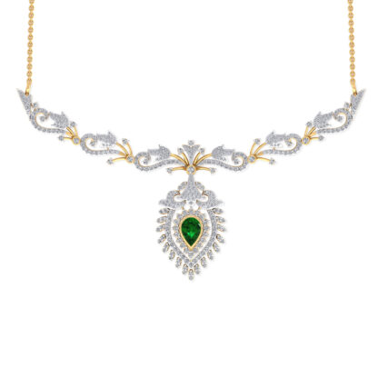 Yellow gold diamond scrollwork necklace with emerald drop, front view