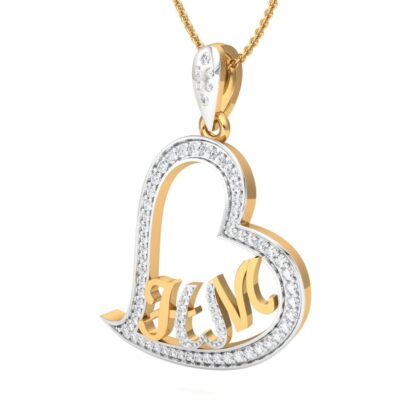 Front view of yellow gold heart pendant with customizable diamond outline and initials