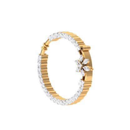 Yellow gold pave diamond floral hoop nose ring, front view