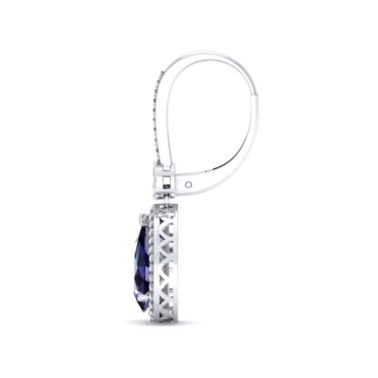 Side view of white gold sapphire diamond dangle earrings showing the lever-back