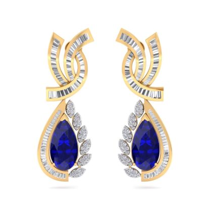 Close-up of yellow gold earrings showing the pear-cut emerald centre