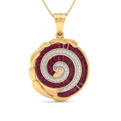 Yellow gold ruby and diamond spiral pendant, front view