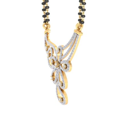 Yellow gold diamond floral bouquet mangalsutra worn on a model's neckline