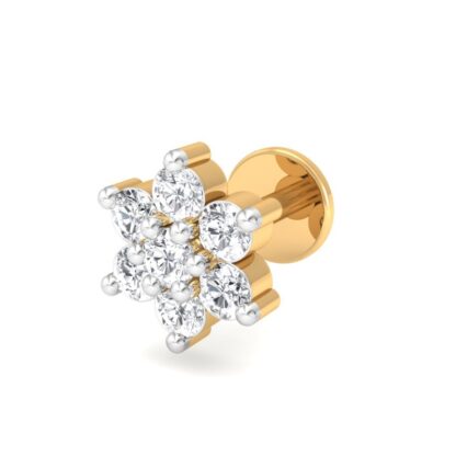 Yellow gold floral diamond nose pin, perspective view