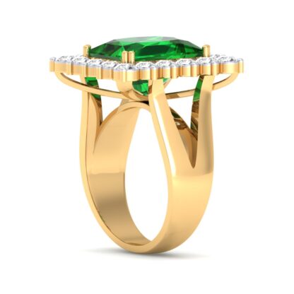 Side view of yellow gold emerald diamond halo split shank ring showing the band depth and stone setting