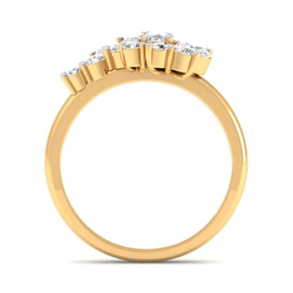 Through-finger view of yellow gold asymmetric diamond cluster ring showing the band profile