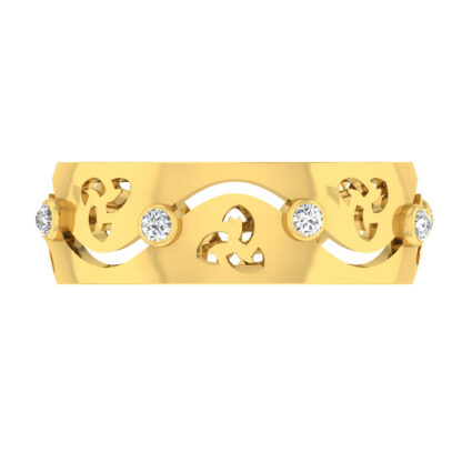 Front view of yellow gold band with trefoil scroll cutouts and bezel-set diamonds