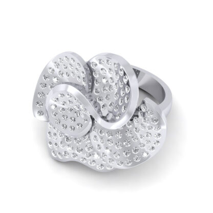 Angled view of white gold diamond petal flower ring on a plain band