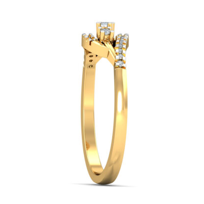 Side view of yellow gold leaf frame ring showing the bar-set diamond edges