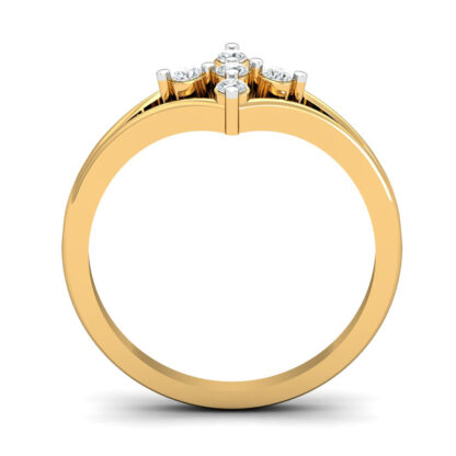 Side view of yellow gold V-shank ring showing the diamond cross set between the split shank