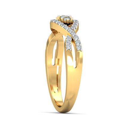 Side view of yellow gold twisted band ring showing the crossing pave diamond strands