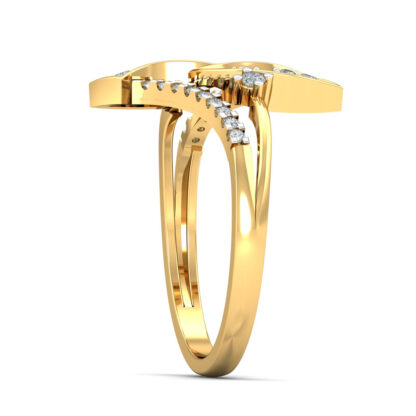 Side view of yellow gold interlocked ribbon ring showing the split shank and bar-set diamond rows
