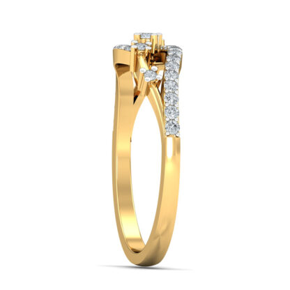 Side view of yellow gold leaf bypass ring showing the pave diamond arc and raised diamonds