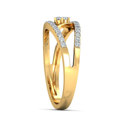 Side view of yellow gold split band ring showing the crossing diamond-set rows and center stones