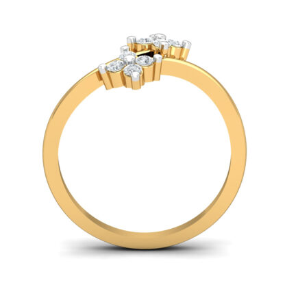 Profile view of yellow gold bypass ring showing the two diamond clover clusters at the top