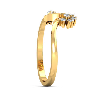 Side view of yellow gold bypass ring showing the raised diamond fan clusters