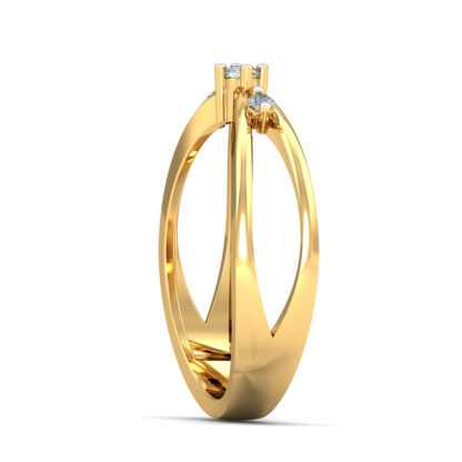 Side view of yellow gold ring showing the two crossing bands and prong-set diamond
