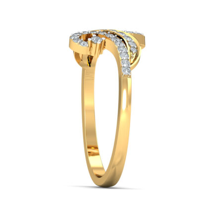 Side view of yellow gold ring showing the scrolling diamond-set top and plain band