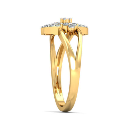 Side view of yellow gold split shank ring showing the crossing shank and diamond-set loop top