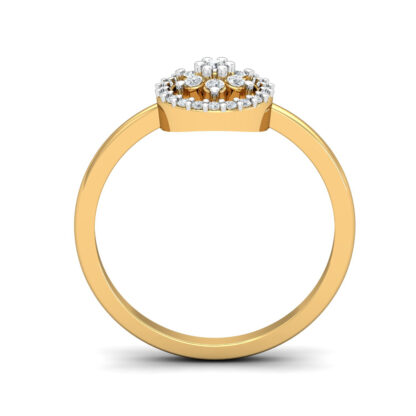 Profile view of yellow gold diamond flower halo ring on a slim plain band