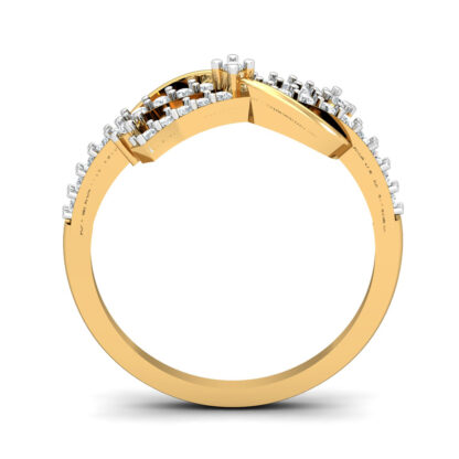 Side view of yellow gold infinity crossover ring showing the crossing diamond-set ribbons