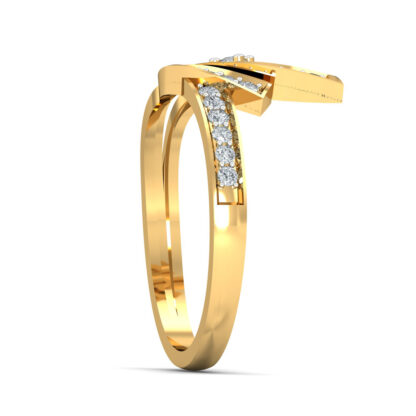 Side view of yellow gold bypass ring showing the pave diamond blade rising from the band