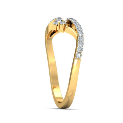 Side view of yellow gold open bypass ring showing the pave diamond arc profile