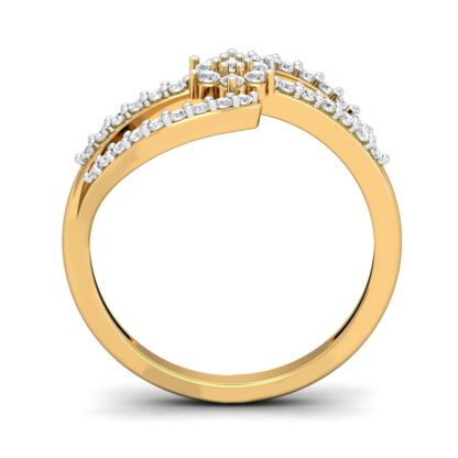Perspective view of yellow gold diamond flower figure-eight ring